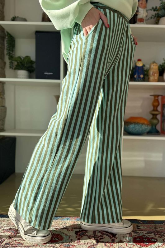 Shoreditch Stripe Lounge Flare Trouser Spearmint & Khaki 
